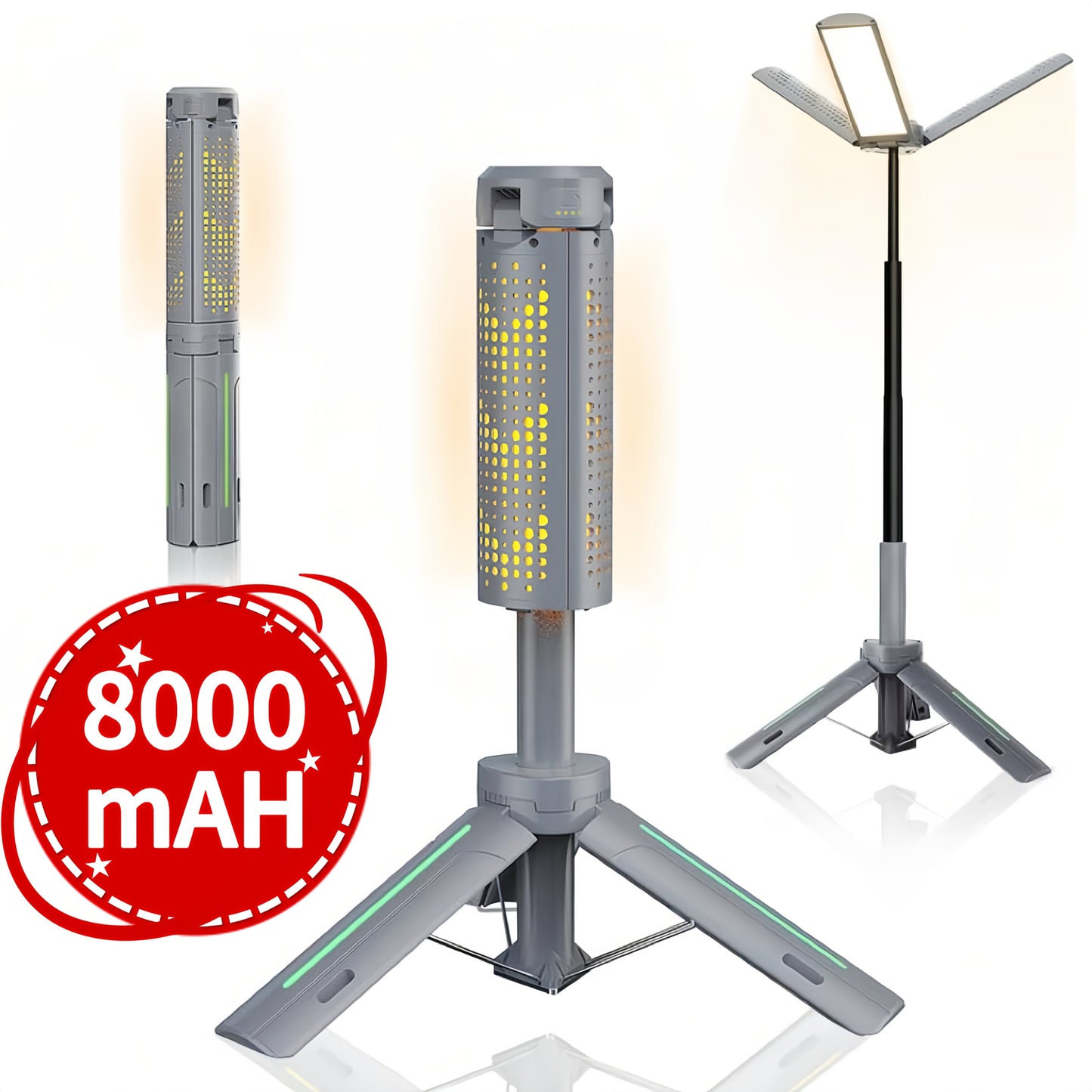 Camping Light & Work Light 3000 Lumens – Cordless LED with 3 Adjustable Heads, 8000/14500mAh Rechargeable Battery, Dimmable & Telescopic Tripod Stand | Camping Gear, Garage & Emergency Light