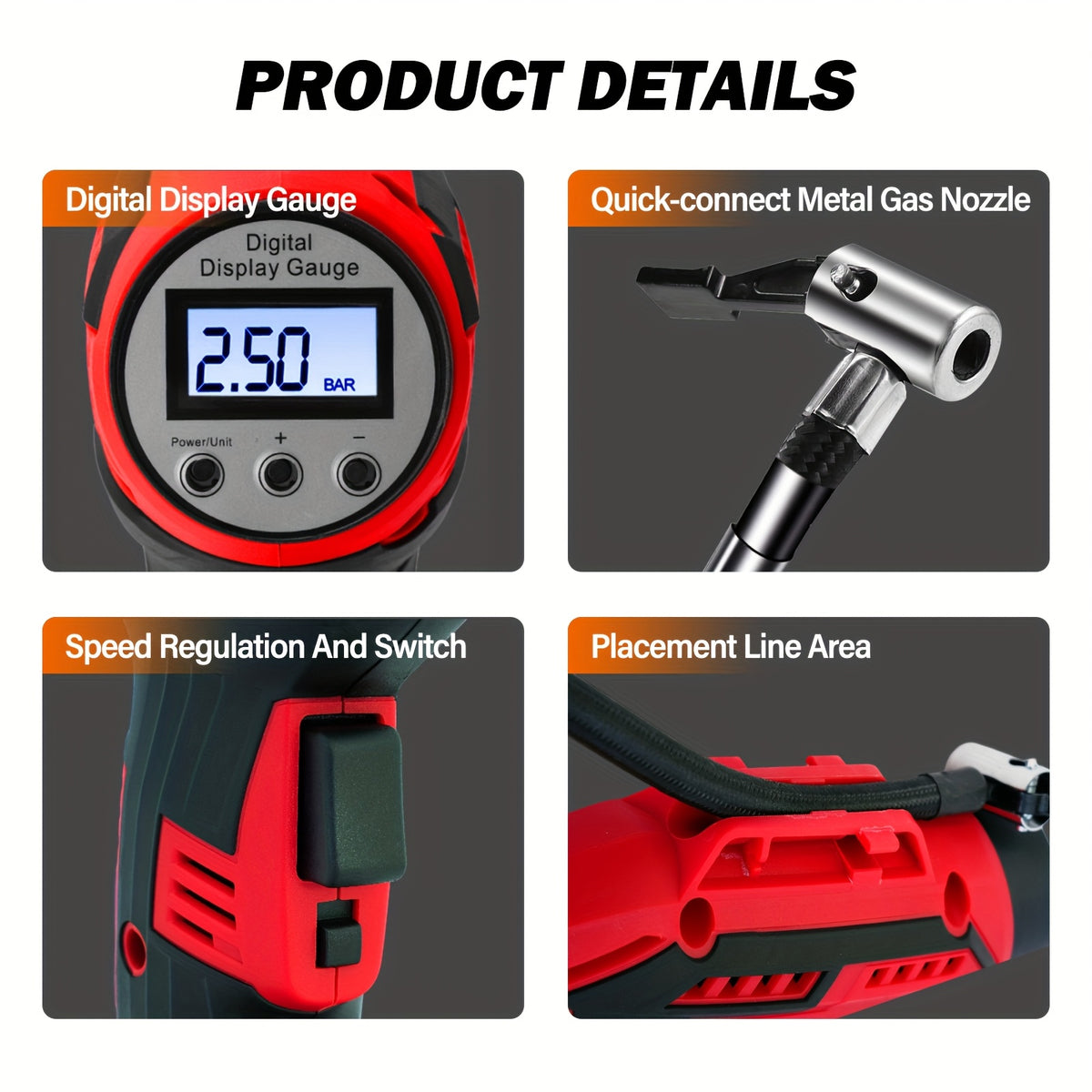 20V Portable Car Tire Inflator Pump, Air Compressor with 12V Car Adapter, Digital Display, Blow Mold Case, Suitable for Car, Motorcycle, Bicycle Tires, And Balls, Red And Yellow