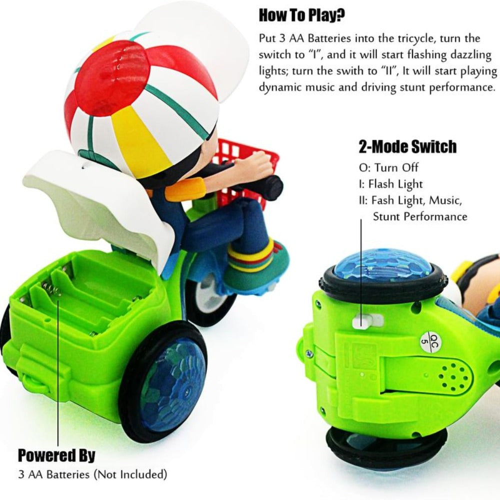 Kids Electric Tricycle Toy Motorcycle with 360° Rotation & Luminous Lights – Push & Power Dual-Mode Stunt Vehicle for Toddlers Boys Girls, Birthday Christmas Gift (Multiple Colors)
