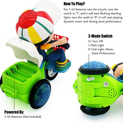 Kids Electric Tricycle Toy Motorcycle with 360° Rotation & Luminous Lights – Push & Power Dual-Mode Stunt Vehicle for Toddlers Boys Girls, Birthday Christmas Gift (Multiple Colors)