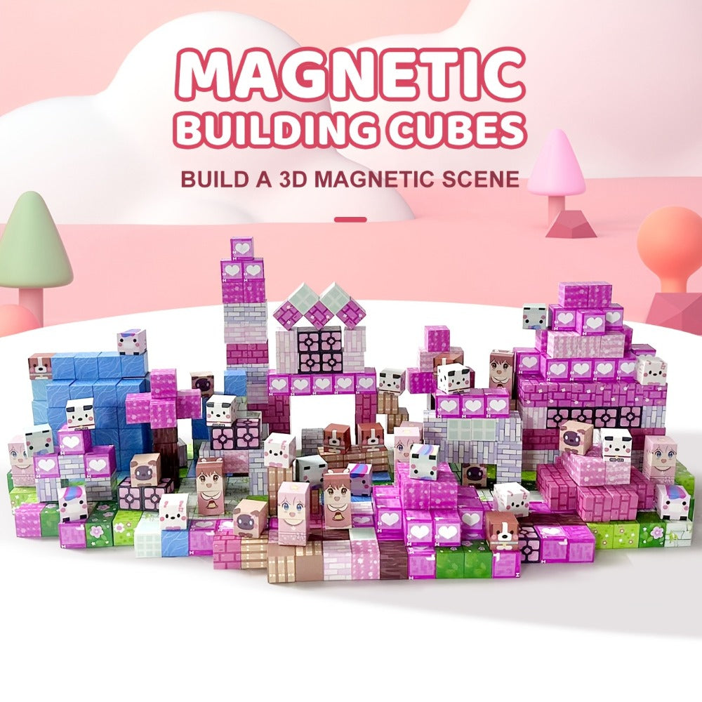 Pink Forest Park Magnetic Building Blocks 100 Piece STEM Set – 3D House Trees & Character Cubes Creative Construction Toy for Imaginative Play Birthday Christmas Gift for Girls Kids Ages 3+