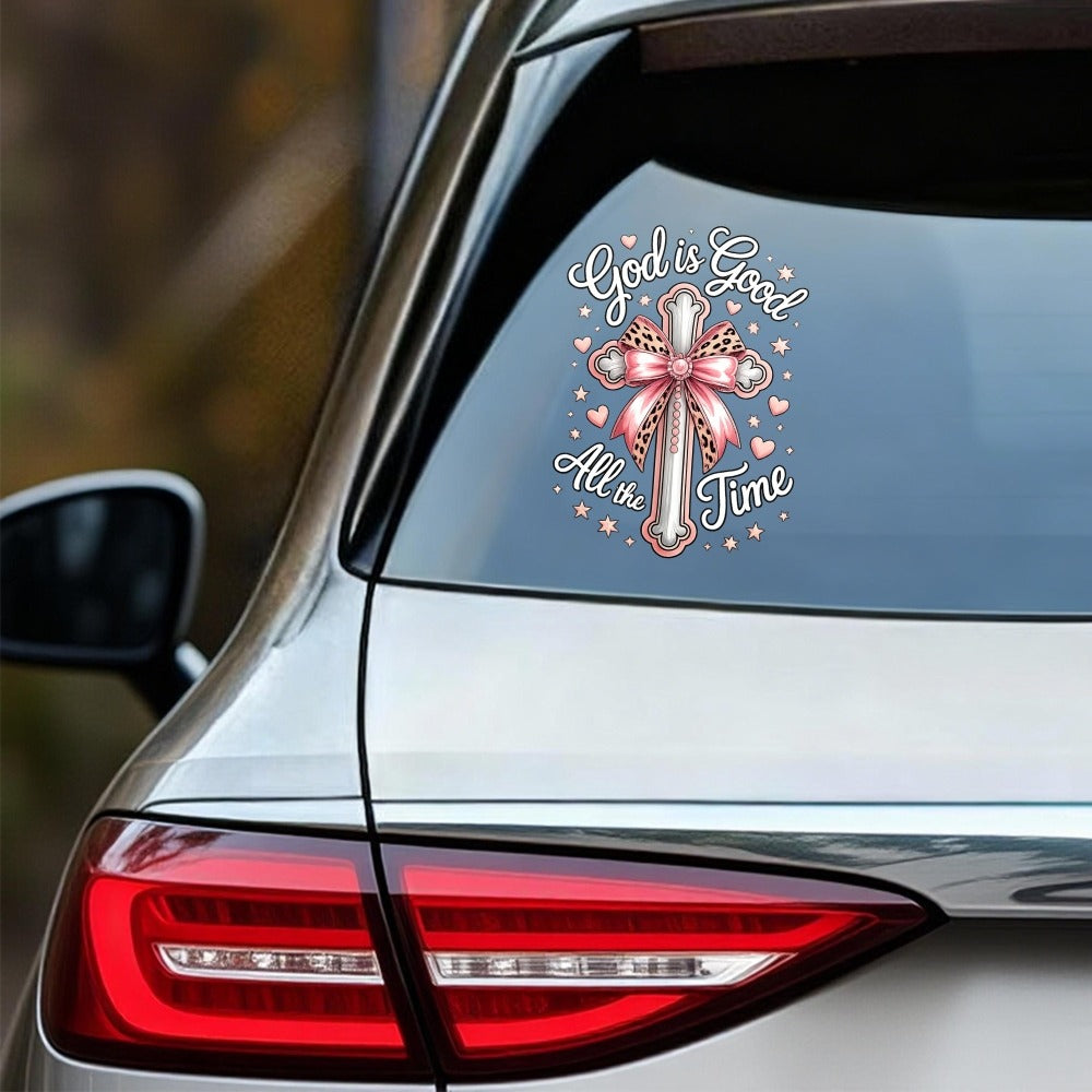 Bumper Sticker God Is Good All The Time Christian Cross Pink Bow Vinyl Decal | Car Window Sticker Faith Inspirational Automotive Decal 5.12 inch Funny Christian Gift for Women Girls