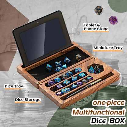 Walnut Dice Box & Rolling Tray 4.8x9 Inch Handmade – Magnetic Flip Lid, Dice Storage, Phone & Tablet Stand for Tabletop RPG Board Games, DnD Accessories & Gamer Gift