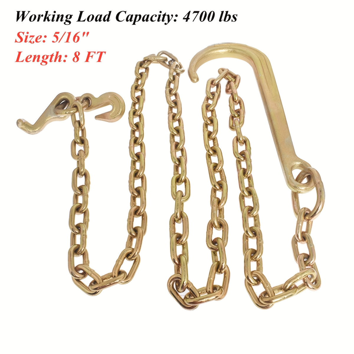 5/ 16 x 8 FT Grade 70 Tow Chain 15 J Hook and T Hook Mini J Hook Replacement for Recovery Wrecker Axle Tow Truck Chain