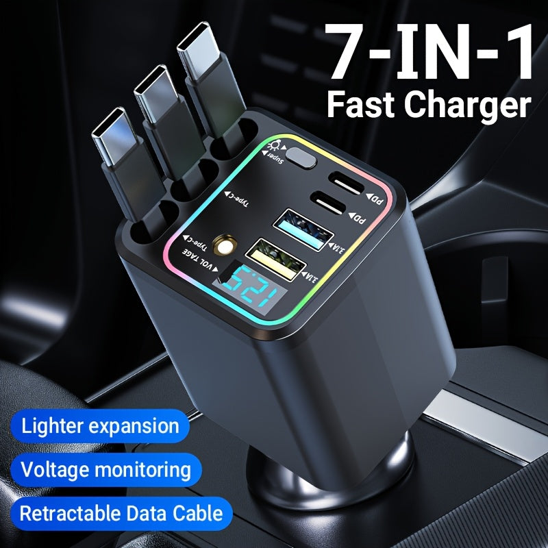 7-in-1 Car Fast Charging Mobile Phone Charger, Upgraded Color Light, Equipped With 3 Extendable Cables And Fast Charging Interface, Supports 180 ° Free Adjustment Angle, And Is Equipped With LED Intelligent Digital Display Screen, Without Battery