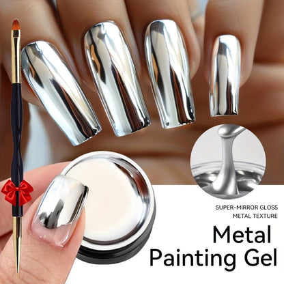Mirror Metallic Nail Art Painting Gel with Built-In Brush 0.24oz — Metal Effect UV LED Soak Off Silver Chrome Line Drawing Flower Geometric DIY Home Salon Manicure Women Nail Artists
