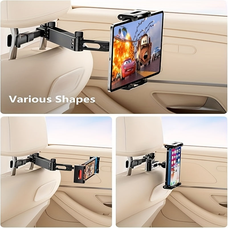 3-in-1 Tablet Stand Car Headrest, 360° Rotation Adjustable for 4.7-11 Inch Phones for ipad Pro/Air/Mini/Galax, Equipped with 3.5" Hd Display & Clip Holder, Foldable Design, Holiday Gift for Road Trips & Outdoor Activities, Tablet Holder for Car, Travel Ac