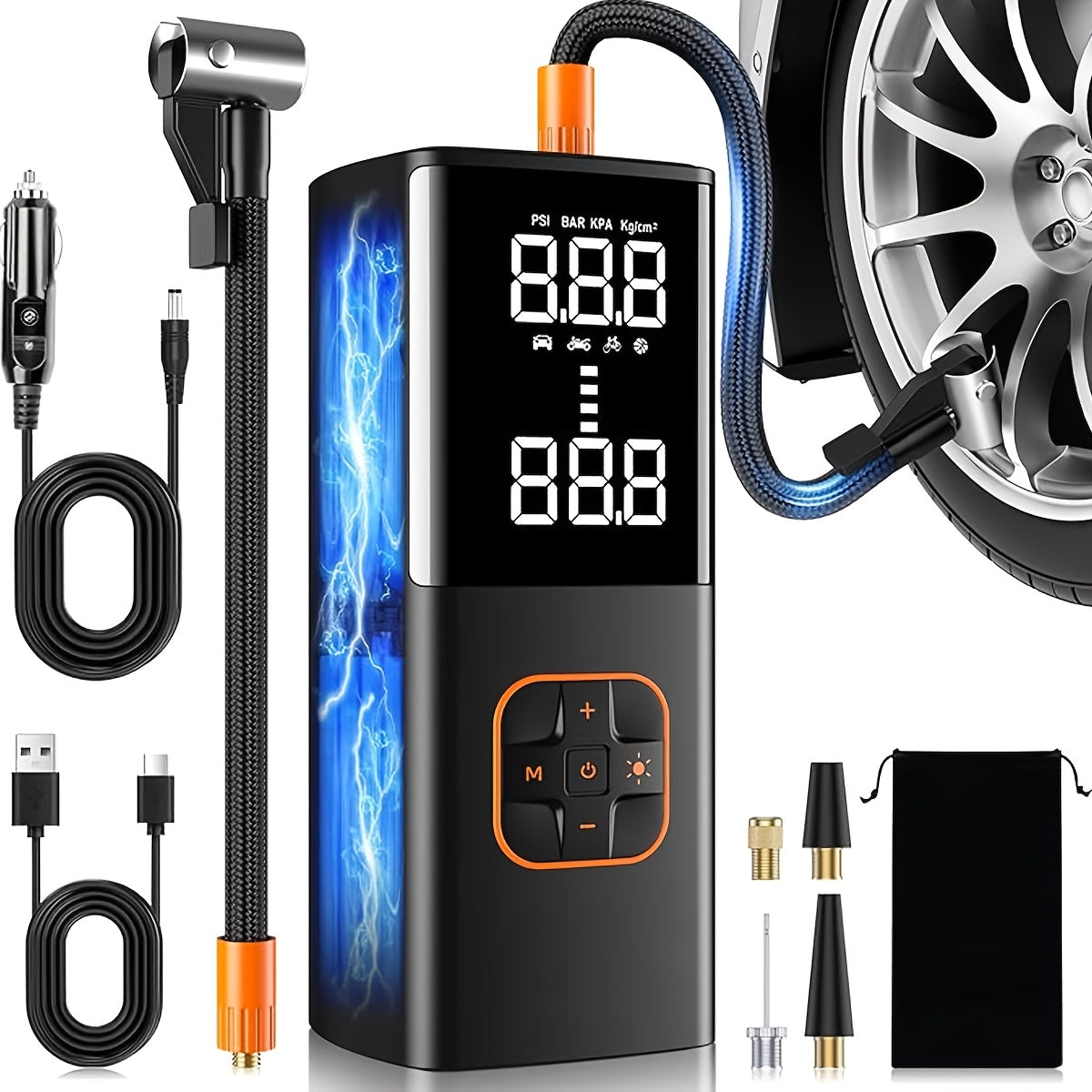 Portable Tire Inflator with Digital Pressure Gauge, Car Tire Pump, 2026 New Model, 180PSI, Rechargeable Battery, LED Light, Cordless Air Pump, Wireless Bicycle Tire Pump, Suitable for Cars, Motorcycles, Bicycles, Balls, Etc.