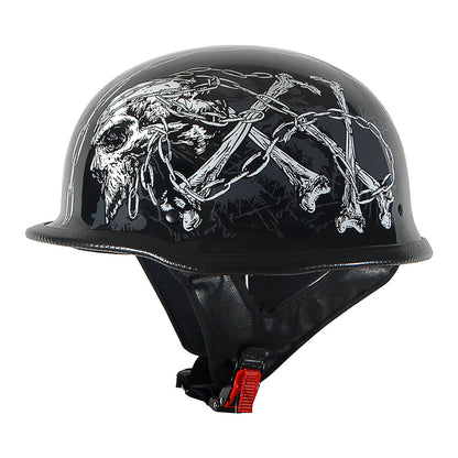 German Style Motorcycle Half Face Helmet – Novelty Skull & Carbon Fiber Design, UV Glossy Finish, Removable Washable Padding, Quick Release Buckle, Adult M/L/XL