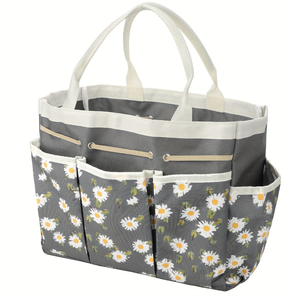 Garden Tool Bag Heavy Duty Multi-Pocket Organizer – Large Capacity Tool Storage Carrier Tote for Gardening, Lawn Care, Camping & Outdoor Work, Portable Daisy Pattern, Black & Gray (No Tools Included)