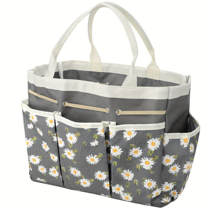 Garden Tool Bag Heavy Duty Multi-Pocket Organizer – Large Capacity Tool Storage Carrier Tote for Gardening, Lawn Care, Camping & Outdoor Work, Portable Daisy Pattern, Black & Gray (No Tools Included)