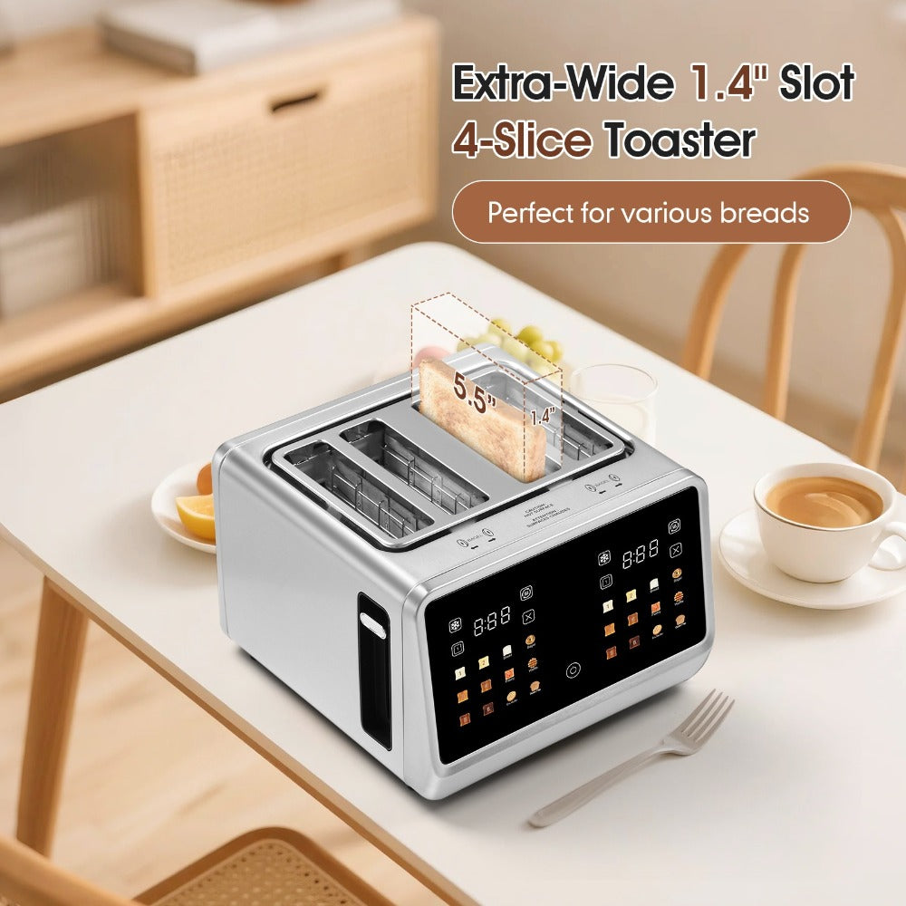 4-Slice Digital Smart Toaster with Touchscreen | Dual Control Panel, Single Slot Toasting, Timer, Reheat & Defrost Functions for Bagels, Bread & Waffles – Stainless Steel Kitchen Essential