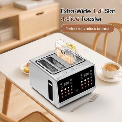 4-Slice Digital Smart Toaster with Touchscreen | Dual Control Panel, Single Slot Toasting, Timer, Reheat & Defrost Functions for Bagels, Bread & Waffles – Stainless Steel Kitchen Essential
