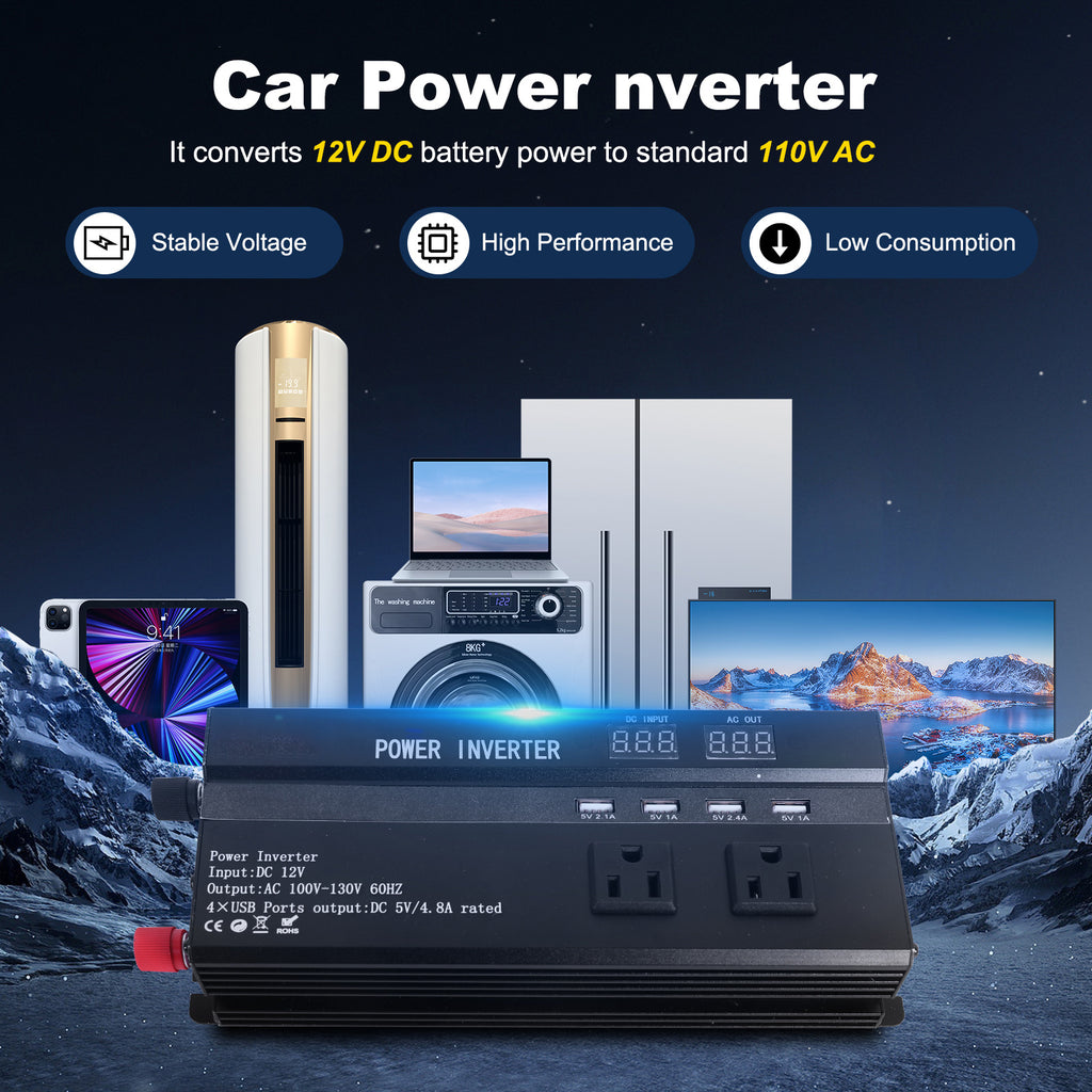 DC 12V to AC 110V Sine Wave Solar Power Inverter with an LCD Display, Capable of 6500W Peak Power. It Features a Universal Socket for Easy And Convenient Connections, Making It Ideal for Emergencies And Suitable for Mobile Phones, Rvs, Electronics