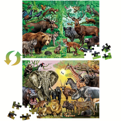 Double Sided Puzzle for Kids 100 Pieces Jungle Animals – 2-in-1 Jigsaw Educational Toy for Boys & Girls Ages 3 4 5 6 7 8, Fun Learning Activity, Birthday Christmas Thanksgiving Easter Gift