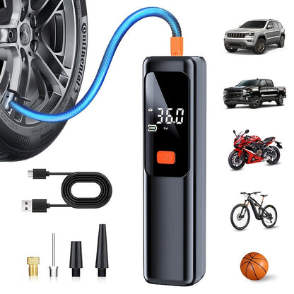 Electric Tire Inflator Portable Air Pump with Digital Pressure Display – Wireless Cordless Design, High-Power Fast Inflation, Auto Preset PSI, Multiple Nozzles for Car, Motorcycle, Bicycle, Basketball, Football & Volleyball
