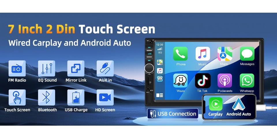 7" Double Din Car Stereo with Bluetooth 5.0, Touchscreen Universal Car Multimedia Player with Wired CarPlay & Android Auto, FM Radio, Rear View Camera Mic Support TF/USB