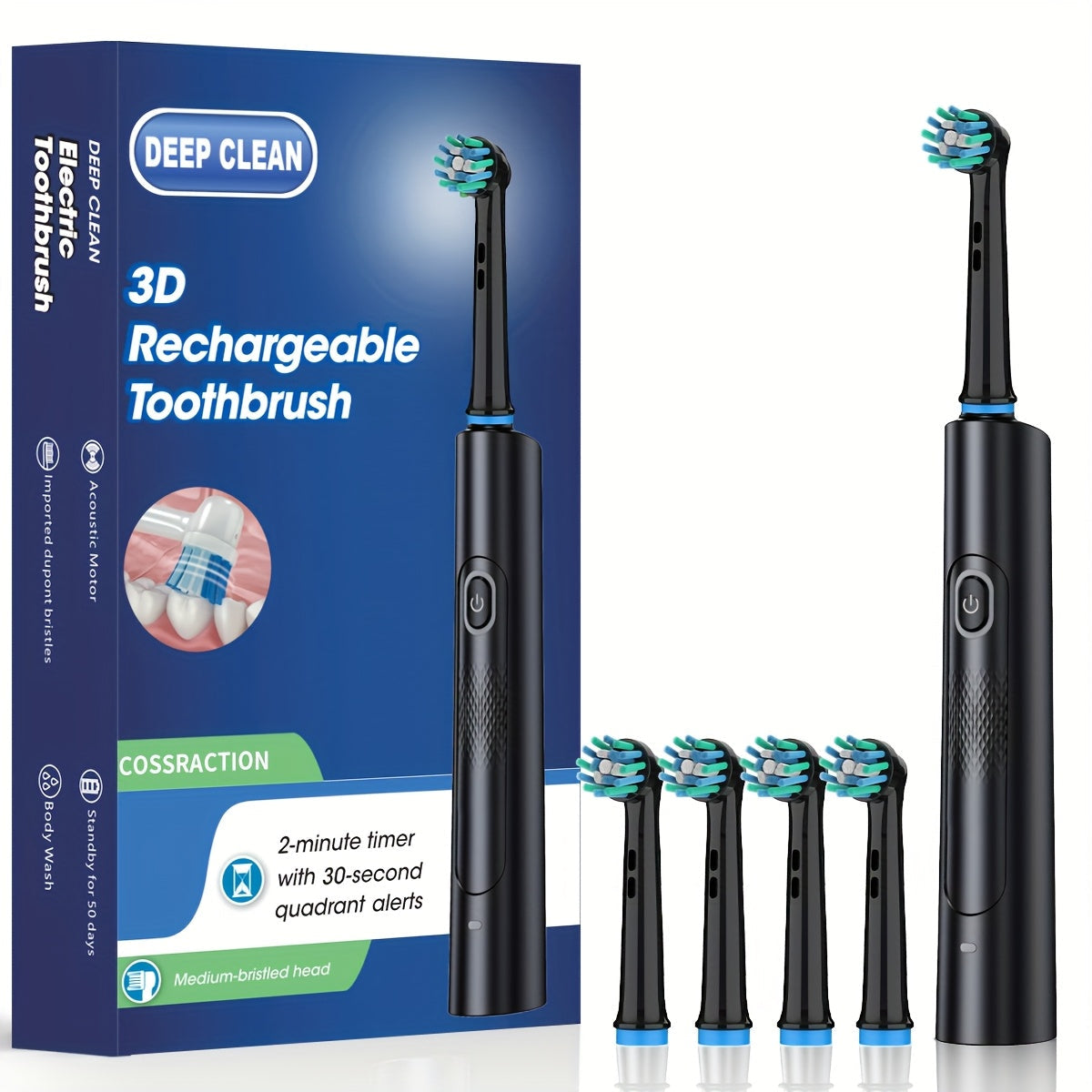 Electric Toothbrush with Smart Timer – Sonic Whitening, 3D Round Soft Bristle Head, IPX67 Waterproof, USB Rechargeable, 4 or 8 Brush Heads, Black White Pink for Adults, Couples & Families