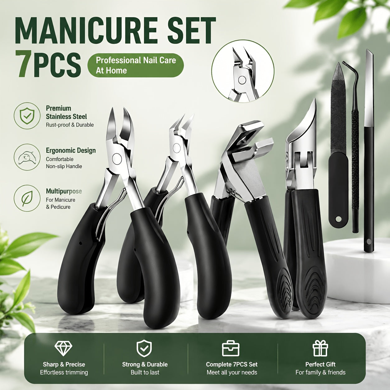 Nail Clipper Kit 7 Piece Heavy Duty for Men Professional Stainless Steel Thick Toenail Care Set – Nail File Cuticle Clipper Ergonomic Black Handle, Complete Manicure Pedicure Foot Care Tools