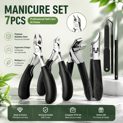 Nail Clipper Kit 7 Piece Heavy Duty for Men Professional Stainless Steel Thick Toenail Care Set – Nail File Cuticle Clipper Ergonomic Black Handle, Complete Manicure Pedicure Foot Care Tools