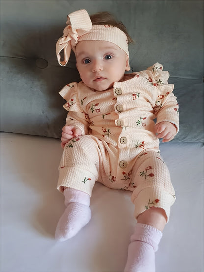 Baby Girls Outfit Set - Floral Ruffle Waffle Knit