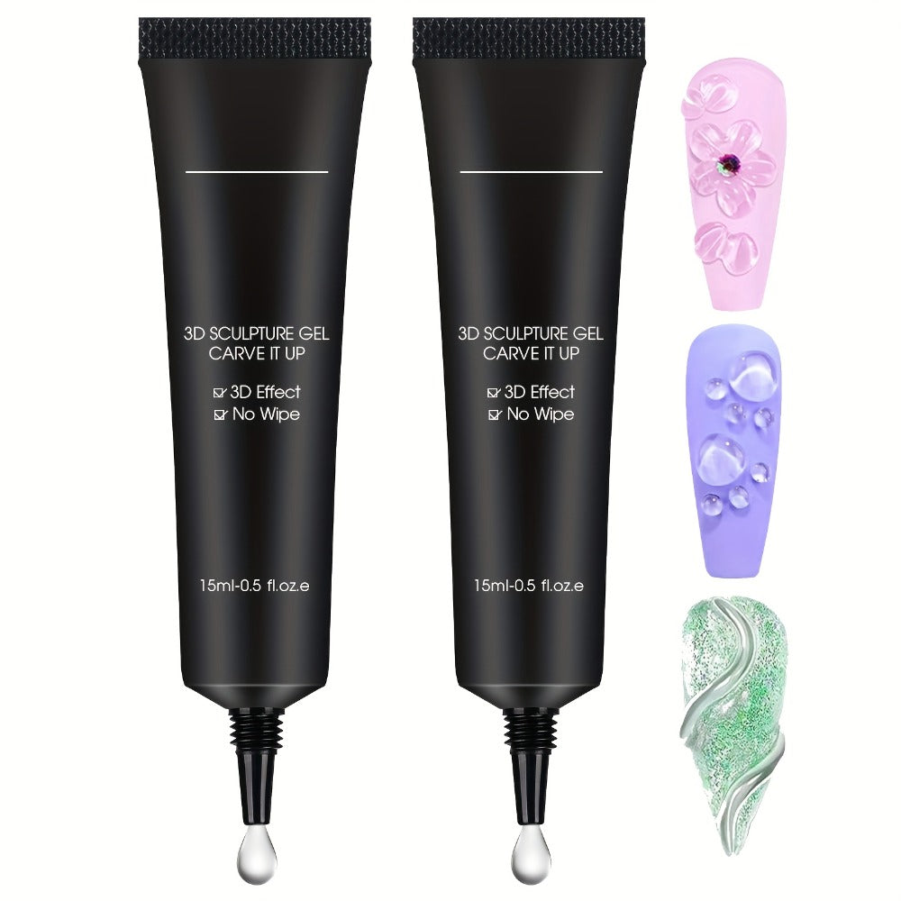 No Wipe Clear 3D Nail Sculpting Gel 2pcs 0.51oz DIY Carving Gel for Raised 3D Designs Flowers Swirls Painting Decoration UV LED Builder Gel Salon Home Nail Extension