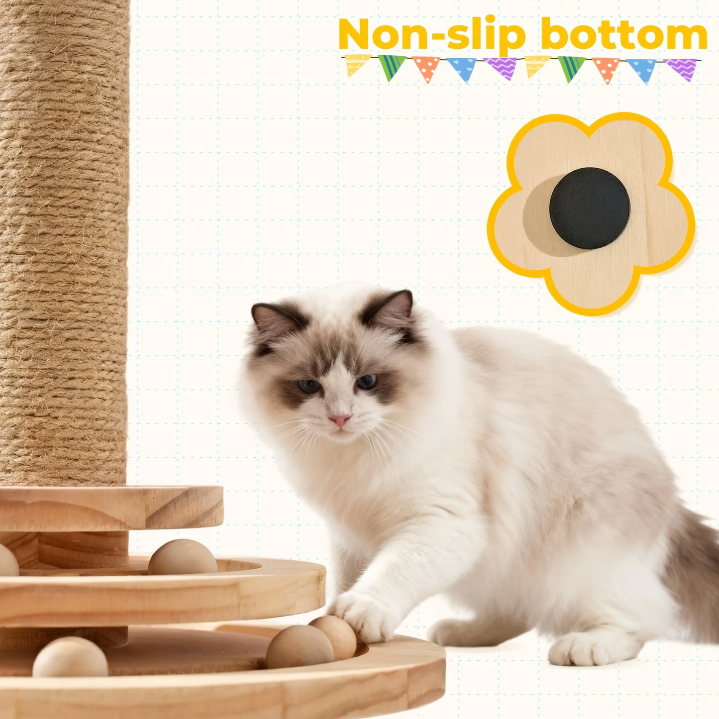 Multi-Level Sisal Cat Scratching Post 4-in-1 with 6 Wooden Balls 2 Hanging Balls & 2 Feather Teaser Toys - Premium Thickened Sisal Anti-Slip Base for Indoor Cats M L XL + Replacement Pillars