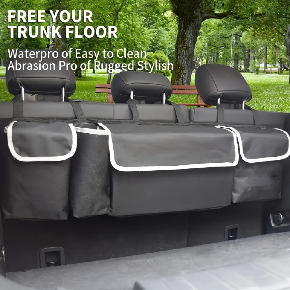 Car Trunk Organizer Rear Seat Hanging Storage Bag – Foldable Cargo Bag with 4 Pockets for SUV, Truck & MPV Back Seat Organization