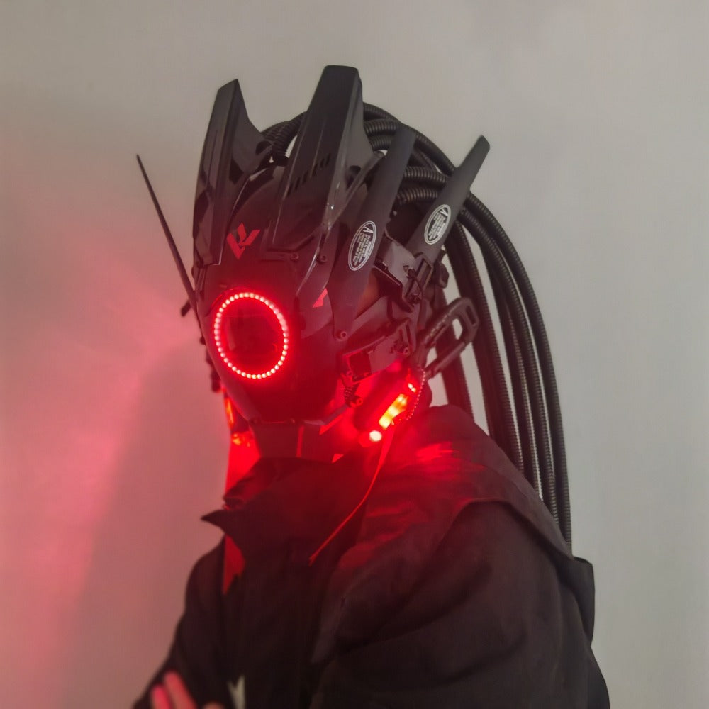 LED Punk Mask with Tubular Braids & Helmet – Futuristic Sci-Fi Mechanical Cosplay Mask for Halloween, Rave Music Festival & Party, Blue Green Pink, Handmade TPU PC Unisex Adult Costume Prop