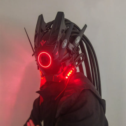 LED Punk Mask with Tubular Braids & Helmet – Futuristic Sci-Fi Mechanical Cosplay Mask for Halloween, Rave Music Festival & Party, Blue Green Pink, Handmade TPU PC Unisex Adult Costume Prop