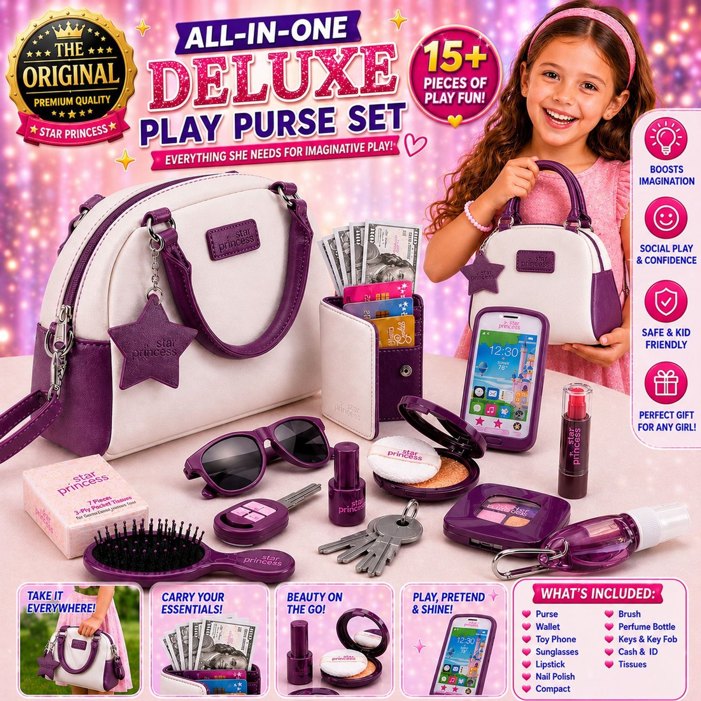 Girls Pretend Play Purse Set for Kids Ages 3-8 – 18+ Piece Princess Handbag with Toy Phone, Makeup, Wallet, Credit Cards & Keys, Role Play Accessories Birthday Christmas Gift for Girls