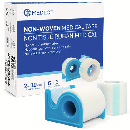 Surgical Paper Tape 6 Rolls – 2 Inch x 10 Yards Hypoallergenic Medical Adhesive Tape with 2 Dispensers for Wound Care, Gauze Securing, Sensitive Skin & Post-Surgery First Aid