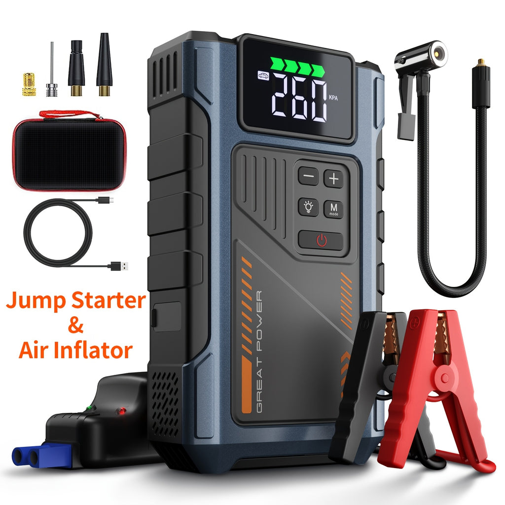4000A Peak Car Jump Starter with Air Compressor, All-in-One Portable Battery Jump Starter & Tire Inflator, Suitable for 2.38 Gal Gas/ 1.98 Gal Diesel Engines, Car Battery Charger with LED Light & USB Power Bank Function, Car Jump Starter
