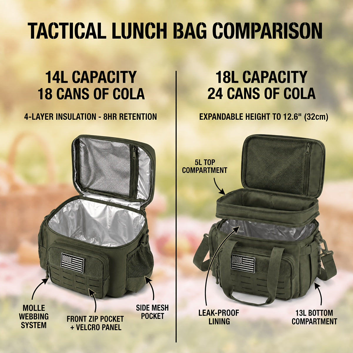 Tactical Insulated Cooler Lunch Box with MOLLE Webbing – Expandable & Leakproof, 3.7 Gal or 18L, for Hunting, Camping, Work & Outdoor Picnics – Black, Green or Khaki