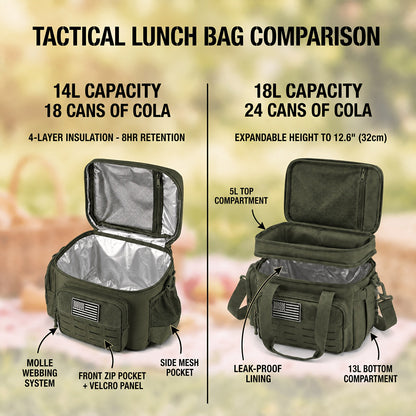 Tactical Insulated Cooler Lunch Box with MOLLE Webbing – Expandable & Leakproof, 3.7 Gal or 18L, for Hunting, Camping, Work & Outdoor Picnics – Black, Green or Khaki