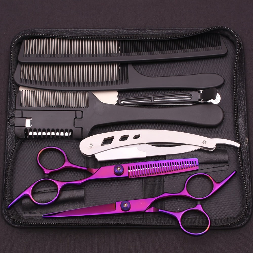 Hair Cutting Scissors Set - Japan Stainless Steel Barber Shears with Thinning Scissors & Razor Comb, Professional Salon Kit for Women Men Home Haircut, Purple Rainbow Blue