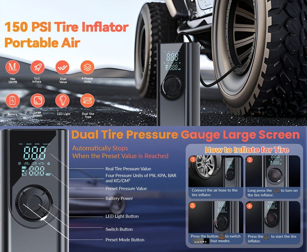 Portable Tire Inflator Pump with Digital Pressure Gauge - USB Rechargeable Air Compressor for Cars, Motorcycles, SUVs, Bikes, And Sports Balls - Large Capacity Battery Battery, LED Light, And USB Charging