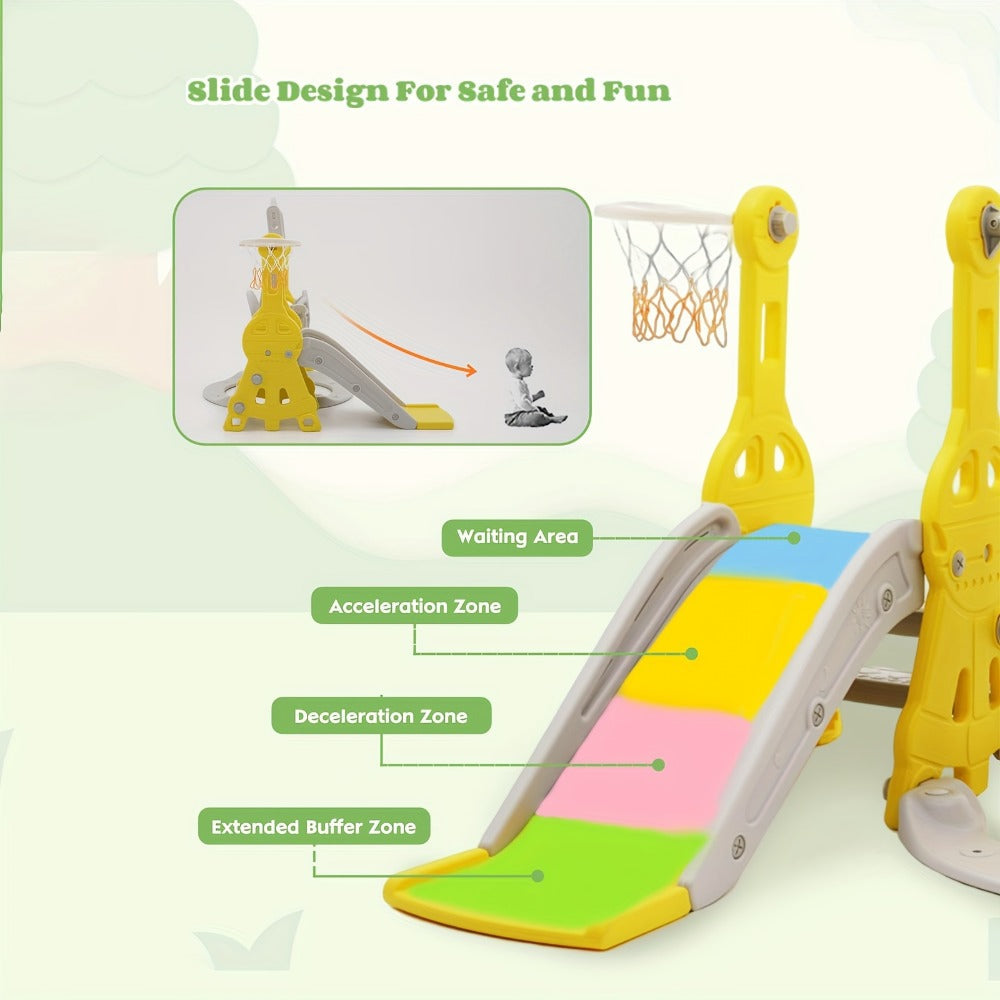 4-in-1 Toddler Slide and Swing Set with Climber Basketball Hoop Outdoor Indoor Backyard Playground Playset for Kids Ages 1-6 Yellow