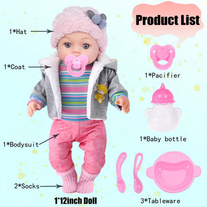 Winter Outfit Baby Doll Set 12 Inch Plush Coat Movable Limbs Clothes Socks Pacifier Bottle Utensils Nurturing Play Gift for Girls Kids Ages 3+ Birthday Christmas Holiday