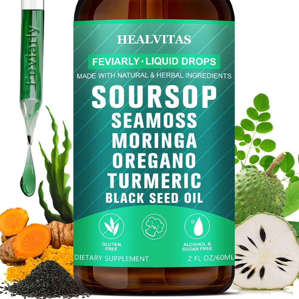 Soursop Bitters Liquid Supplement 2oz 10-in-1 with Seaweed Moringa Turmeric Black Seed Oil & Oregano Herbal Extracts — Highly Absorbable Digestive Gut & Intestinal Health Support for Women & Men