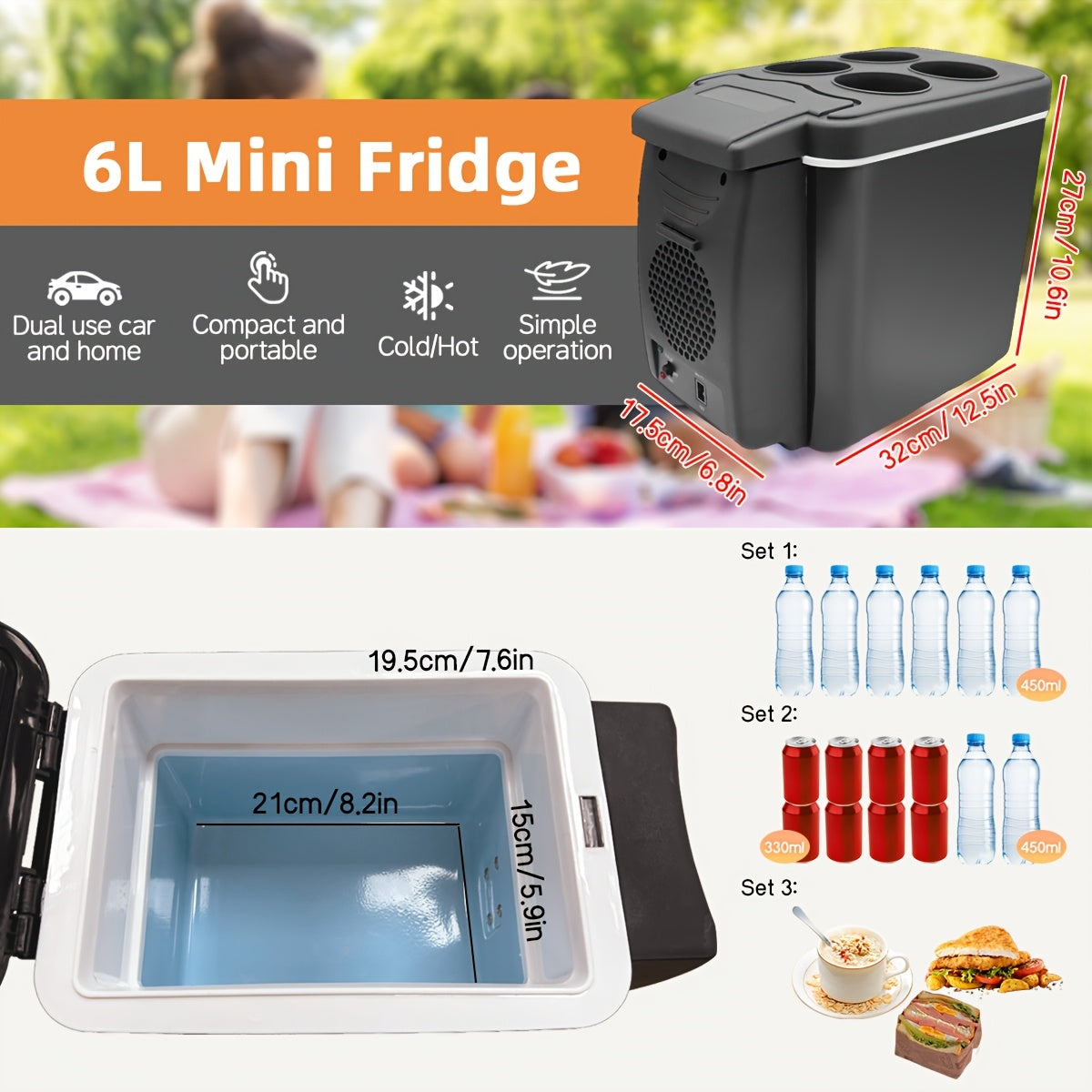 Car Refrigerator 6-Liter Dual-Purpose Hot And Cold Insulation Box for Home And Car, Portable Small Refrigerator for Cars, Large Capacity Energy-Saving Small Refrigerator, Top Storage Cup Holder