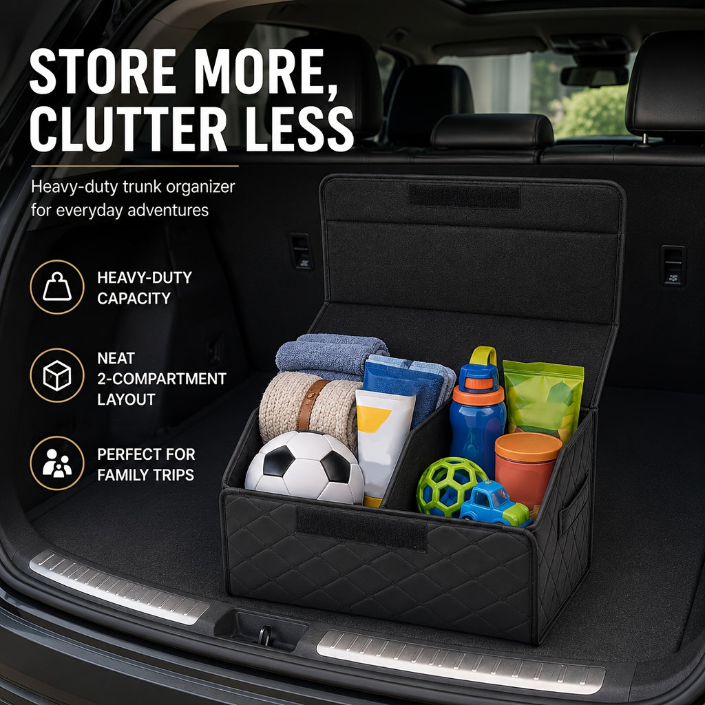 Faux Leather Car Trunk Organizer with Lid, Keep Your Trunk Tidy, Foldable Large Capacity Cargo Storage Box for Groceries, Tools, Sports Gear, Travel Essentials, Suvs, Sedans, And Trucks