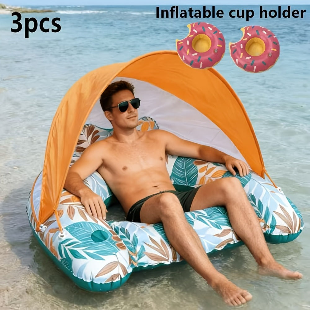 Inflatable Pool Lounger with Canopy for Adults – Tropical Leaf Floating Chair with Cup Holder & Sun Shade, Summer Pool Beach Lake Water Toy, Birthday Gift for Women Men (Green & Blue)