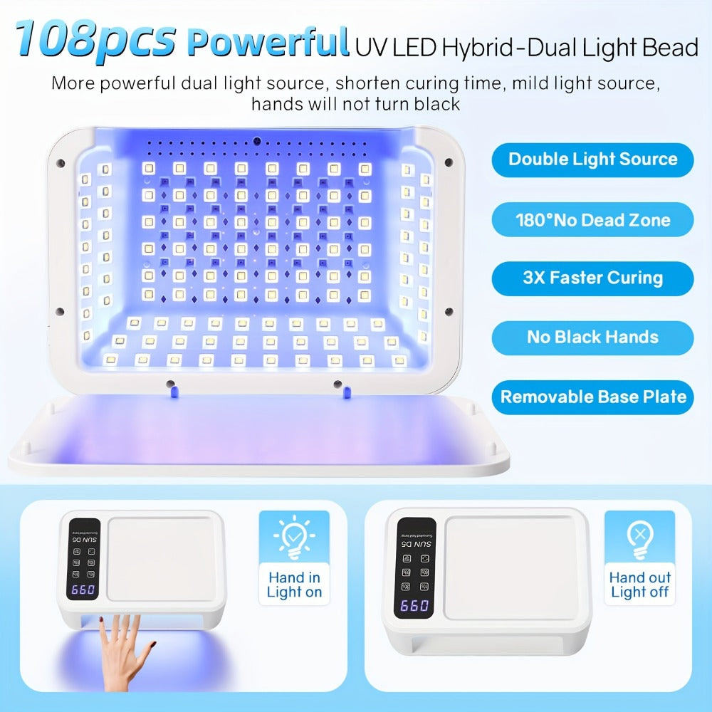 Dual Hand LED Nail Lamp – 2-in-1 Blue & Red Light Gel Curing Light with Removable Plate, 4 Timers & Auto Sensor | Professional Fast Nail Dryer for Both Hands, Home & Salon DIY Manicure