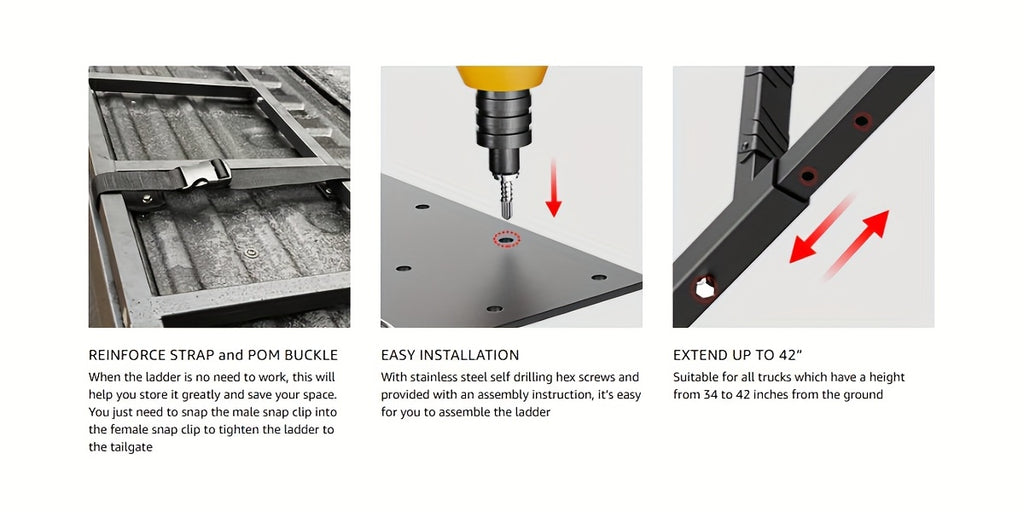 Universal Foldable Truck Tailgate Ladder For Pickup With Aluminum Step Grip Plates, Replaceable Rubber Ladder Feet & Stainless Steel Self Drilling Hex Screws For Easy Installation
