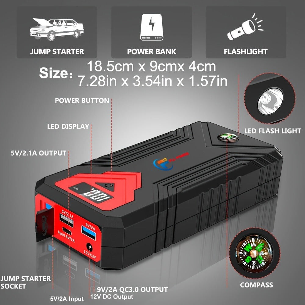 Jump Starter Power Bank 1600A–3000A – 12V Car Battery Booster, USB-C Fast Charge, LED Flashlight, MCU Precision Control, Works at -20°C