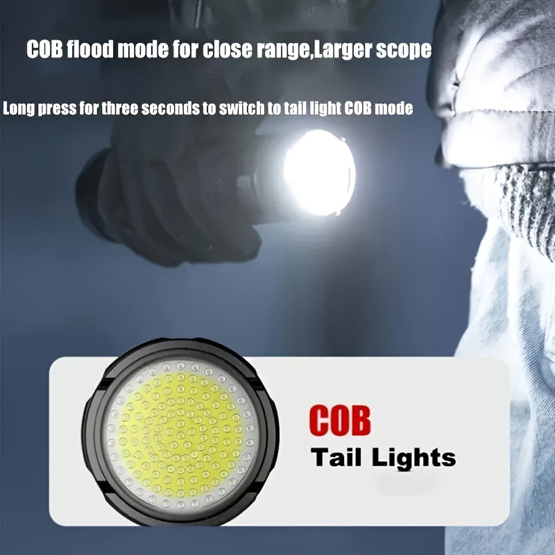 Zoomable COB Flashlight 5 Modes USB Rechargeable Power Bank with COB Tail Light for Camping Hiking Emergency Outdoor Adventures