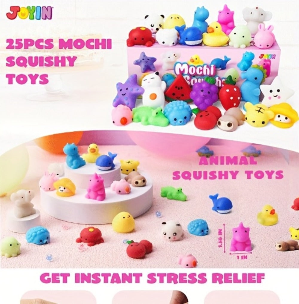 Mini Mochi Squishies 25 Pack – Assorted Animals & Fruit Squishy Toys for Kids Party Favors, Easter Eggs, Goodie Bags, Classroom Prizes & Birthday Gifts