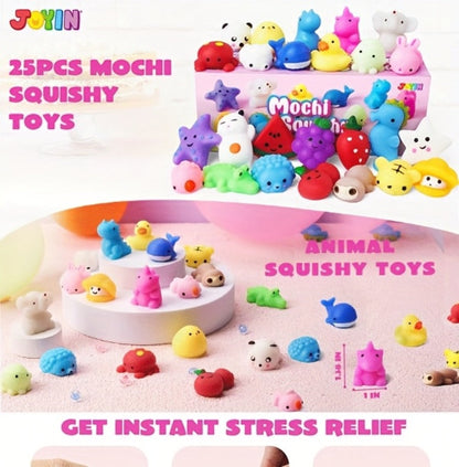 Mini Mochi Squishies 25 Pack – Assorted Animals & Fruit Squishy Toys for Kids Party Favors, Easter Eggs, Goodie Bags, Classroom Prizes & Birthday Gifts