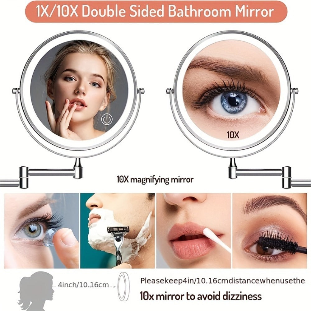 Wall Mounted Lighted Makeup Mirror 10X Magnification - 8 Inch LED Vanity Mirror 1X/10X Double Sided, 3-Color Touch Dimmer, 360° Swivel, USB Rechargeable Bathroom Mirror, Black Silver Gold